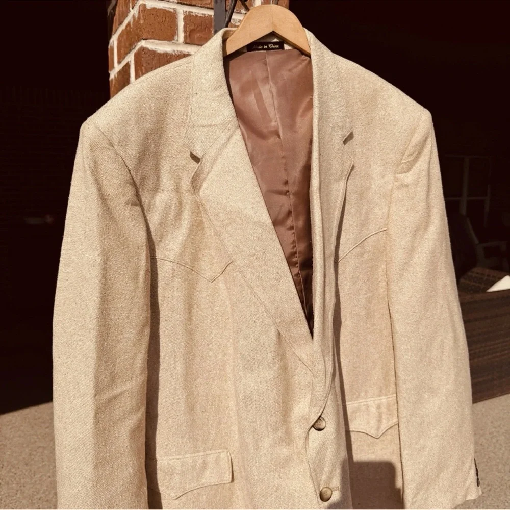 Circle S Blazer Mens 52R Wheat Tan Western Yoke Tweed 2 Button Made in USA - Picture 4 of 8